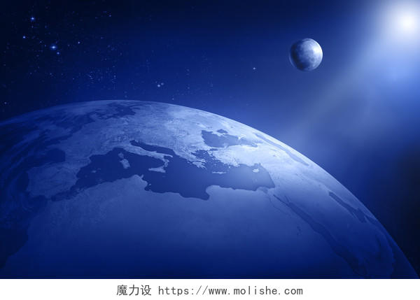 蓝色地球背景视角的月球